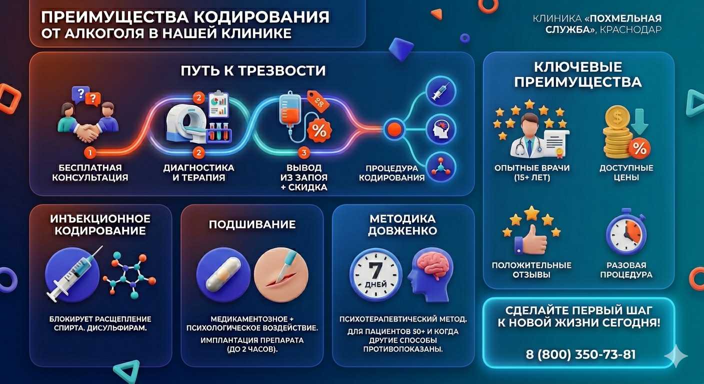 Инфографика о методах кодирования от алкоголя в Каргаске: инъекции, подшивание, метод Довженко. Преимущества клиники и этапы лечения.