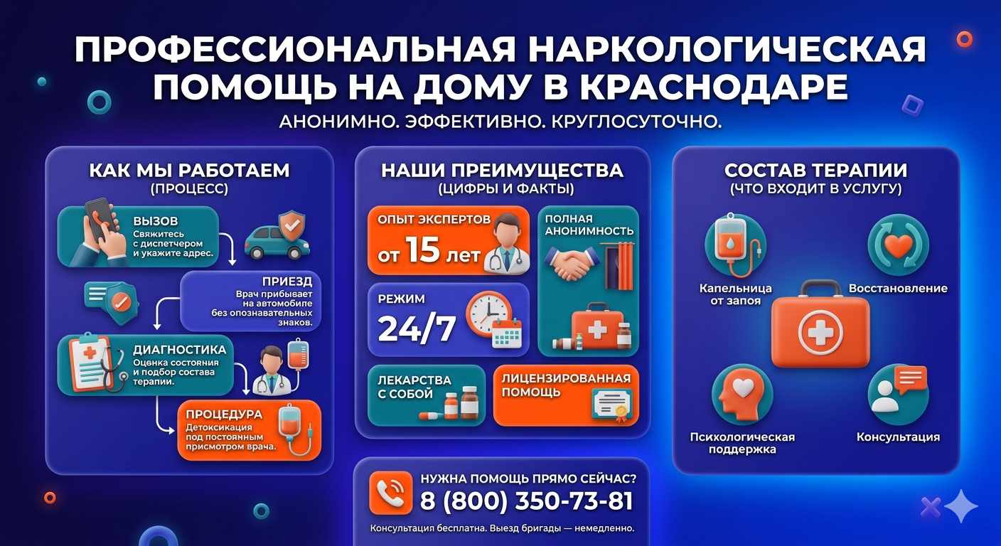 Инфографика о принципах лечения алкоголизма на дому в Каргаске: этапы вызова нарколога, преимущества анонимной детоксикации и состав медицинской помощи.